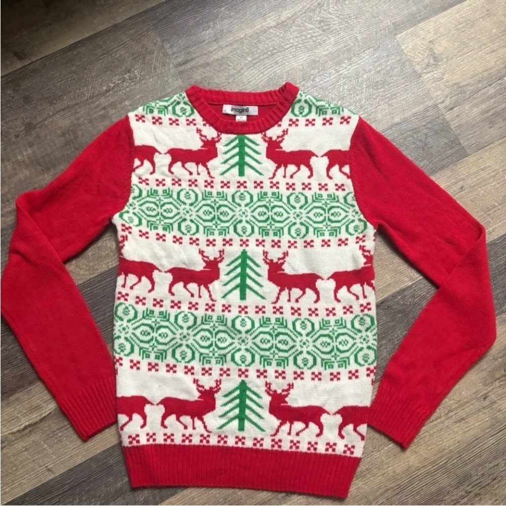 Festive Red and Green ugly sweater Reindeer Sweater Imagin8 S holiday pull over